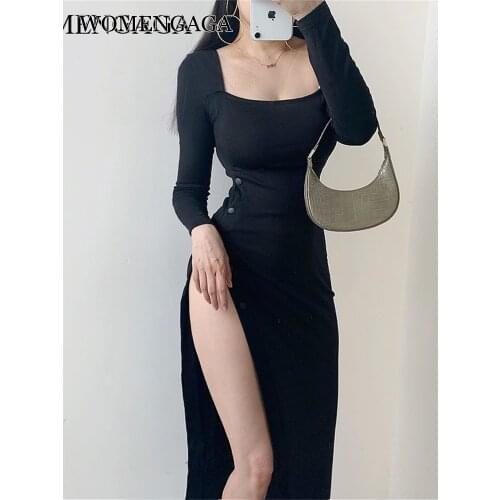 WOMENGAGA Sexy Fashion Slim Low Chest Square Collar Split Legs Light Ripe Temperament High Waist Split Leg Long Sexy Dress REKJ