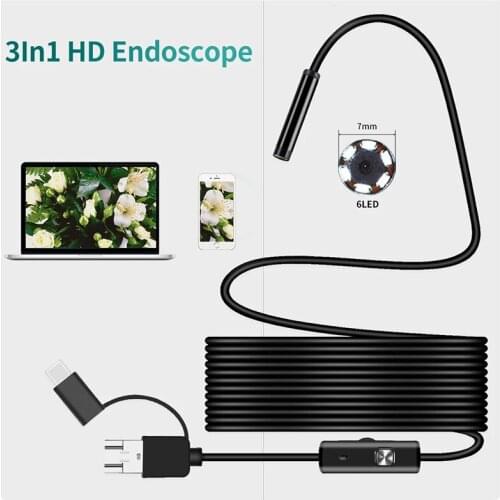 3in1 USB Endoscope Camera 7mm Lens Waterproof Hard Wire Snake Tube Inspection Borescope For OTG Compatible Android Phones
