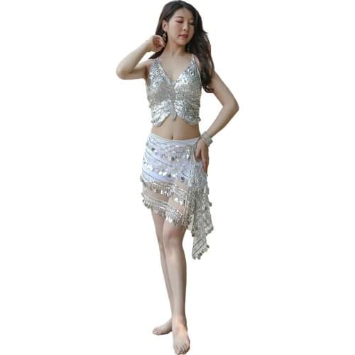 India Belly Dance Costume Woman Sequin Tassel Skirt Sexy Sequin Top Stage Performance Suit TV Show Dancing Clothes