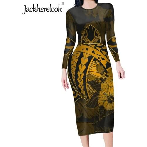 Jackherelook Women Sexy Bodycon Midi Pencil Dress Vintage Turtle Polyn Samoan Floral Print Casual Overknee Office Lady Dresses