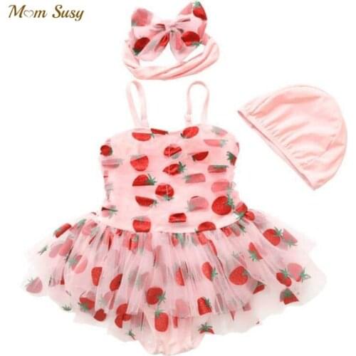 Newborn Baby Girl Strawberry Swim Suit With Cap Headwear Infant Toddler Tutu Dress Swimwear Bathing Suit Kid Swimming Clothing