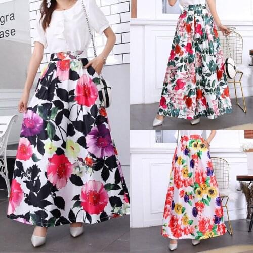 Summer Skirts Womens Fluffy skirt High Waist Pockets Long Vintage Floral Print Flower Maxi Plus size Chic Spring