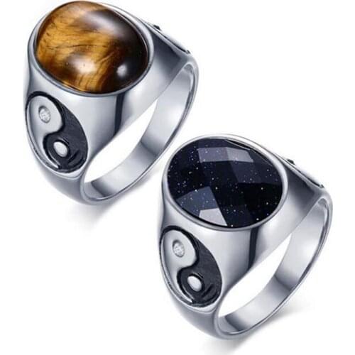 Mens Stainless Steel Ring Colorful Red Black White Brown Green Opal Stone Ring Yin Yang Punk Ring for Men