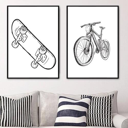 Wall Art Black Skateboard Bike Drawing Paintings Nordic Canvas Posters and Prints for Living Room Bedroom Corridor Decoration