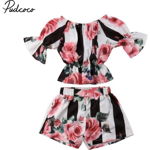 2019 Brand New Summer Fashion Toddler Baby Girls 2PCS Long Flare Sleeve Floral Print Striped T-Shirts Tops Shorts Outfit 1-6Y