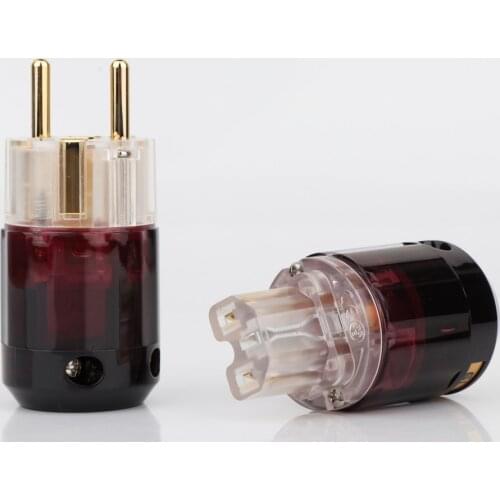 One Pair 24k Gold-Plated P-079E Schuko EU Plug+C-079 IEC Female Connector For Audio DIY