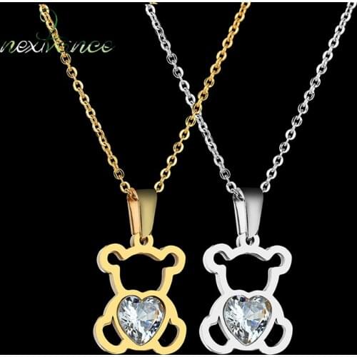 Nextvance Hollow Stainless Steel Bear Pendant Necklace Cute CZ Stone Love Heart Animal Necklace Girls Statement Jewelry