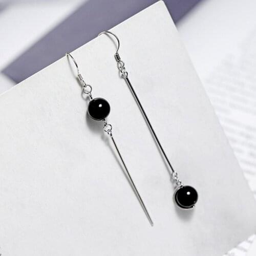Real 925 Sterling Silver Drop Earrings With Black Ball Stone Agate Fashion Earring Fine Jewelry For Women Party Gift New Design