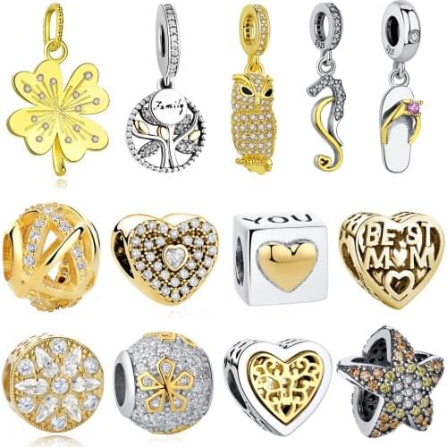 Lucky Clover Family Tree Flower Heart Charm 925 Sterling Silver Gold Bead Fit Bracelets Charm DIY Original Jewelry