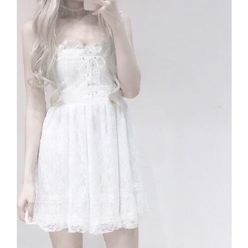 Harajuku Japanese bow tie sexy white lace dress female ins summer Korean fashion simple solid sweet casual female strap dress