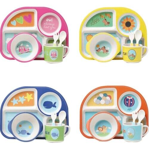 5pcs/set Baby Dish Training Tableware Children Cute Cartoon Feeding Food Dishes Kids Dinnerware with Bowl Cup Spoon Fork Plate