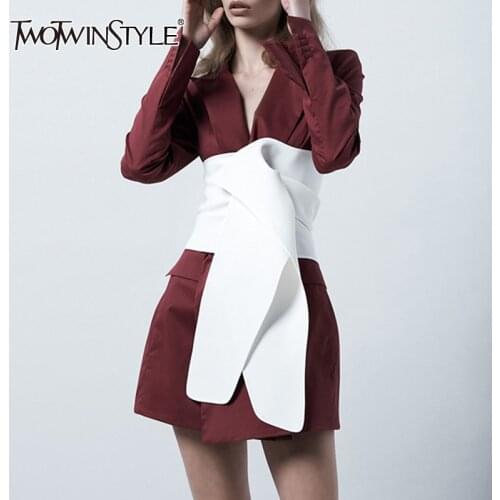 TWOTWINSTYLE patchwork belt blazer coat for female lapel collar long sleeve hit color high waist slimming womens coat fashion