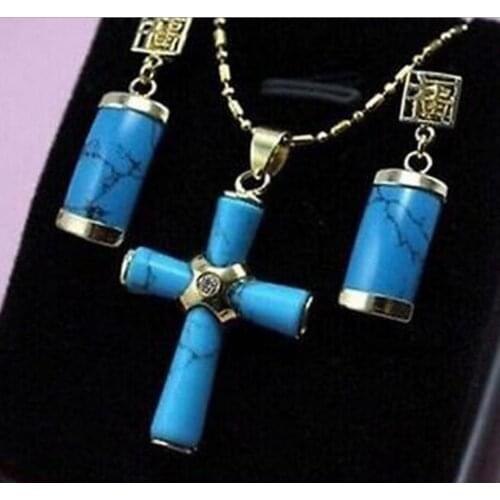 Gorgeous Turquoises"cross" Pendant Necklace Earrings Fashion Wedding Party Jewellery