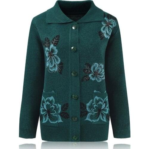 Women Autumn Winter Outerwear Clothes Flower Printing Long Sleeve Design Button Pocket Knitted Sweater Casual Cardigan Sweaters