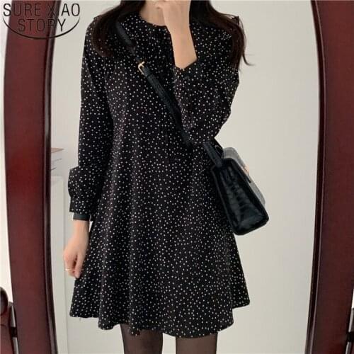 Autumn Korean Long Sleeve Sweet Polka Dot Dress Women Mini Dress Sweet A-line Round Collar Office Lady Vestidos De Fiesta 10840