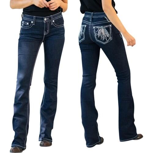 2021 Womens large Size Bootcut Stretch Waist Slim Jeans with Embroidery Designs on Back Pocket for Women