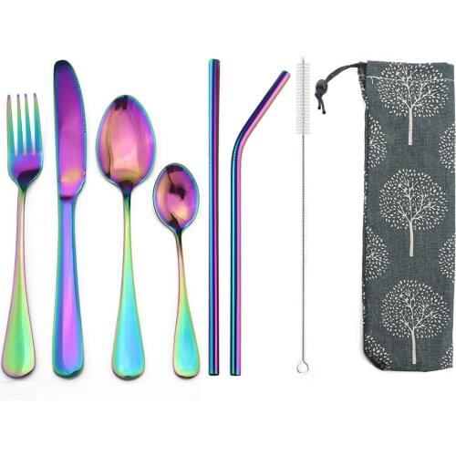 8Pcs/Set Rainbow Portable Dinnerware Cutlery Set Stainless Steel Tableware Knife Fork Teaspoon Straw Bag Utensils with Case Set