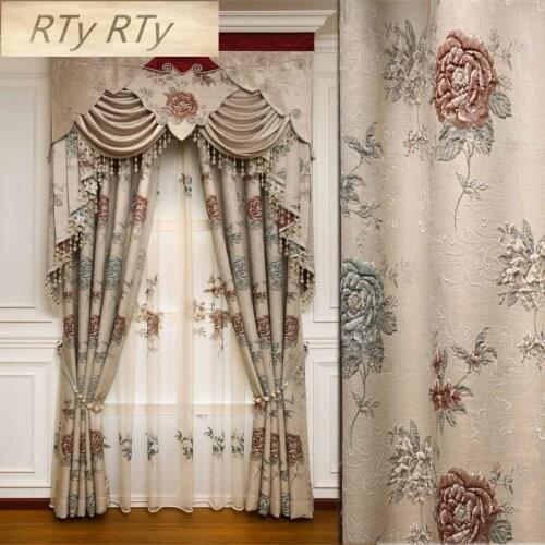 Beige European luxury 3D embossed blackout curtains for living room windows High quality jacquard curtain for bedroom/ hotel