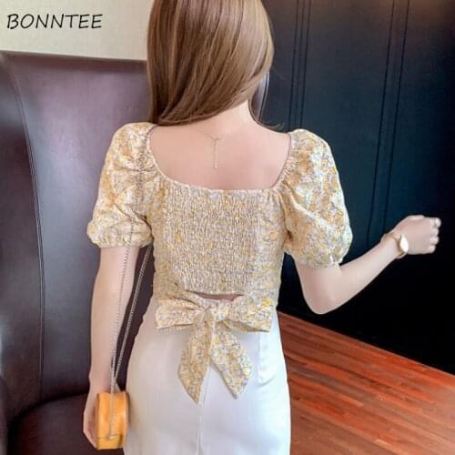 Blouses Womens Summer Print V-neck Sexy Crop Leisure Daily Fashion Bow Sweet All-match Clothing Top Ulzzang Blusas Ladies Simple