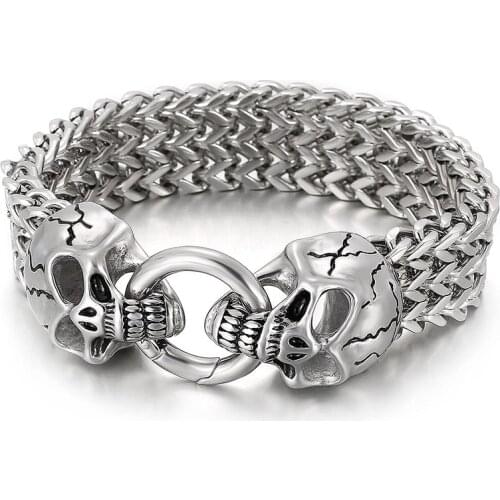 Big 18mm 8.8 inch Huge Gothic Mens Franco Chain Bangle Stainless Steel Skull Bracelet with Spring Clasp Silver Black Gold 116g