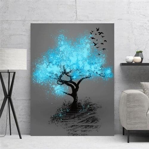 Home Decoration Beautiful View Tree Blue Canvas Painting Picture Bird Wall Art Hd Prints Modular No Frame Poster For Living Room