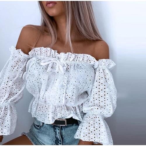 Elegant Puff Sleeve Tops Short Fashion Ruffles Solid Slash Neck Blouses Tops Women Sexy Hollow Out Off Shoulder Lace Up Blouse