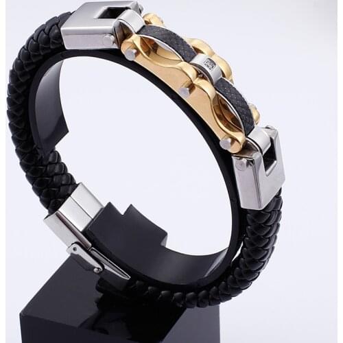 GNAYY promotion Stainless Steel Bracelet With Crystals Genuine Leather Bangle large huge 15mm 8.66'' 47g weight gifts