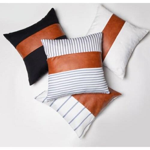 GY0765 Solid PU Leather Canvas Stripes Stitching Pillowcases(No Filling) Cushions Covers Sofa Bed Car Seat