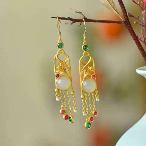 Natural Hetian Jade Magnolia Antique Sterling Silver S925 Tassel Chinese Retro Temperament Chinese Style Earrings Earrings