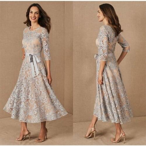 Lace Mother Of The Bride Dresses With Lining Jewel Neck A Line Cheap Wedding Guest Dress Tea Length Cheap Groom Mother Gowns