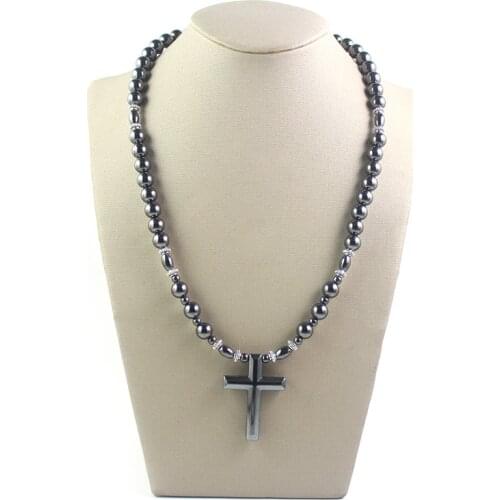 Magnetic Hematite 8mm Round Beads Beaded Necklace with Cross Pendant Necklace for Men and Women Jewelry HN020