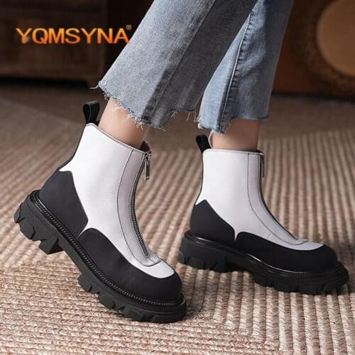 YQMSYNA Fashion Ankle Boots Genuine Leather Mixed Colors Round Toe Shoes Convenient Zipper Square Heel Street Style Shoes AS355