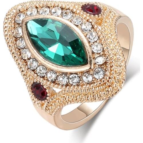 Megin D Vintage Personality Golden Bright Color Glass Crystal Alloy Rings for Men Women Couple Friend Fashion Gift Jewelry