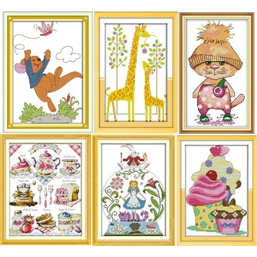 Cartoon Animals&coffee Table Cross Stitch Kits 11CT 14CT Printed Pattern Handmade Craft Counted Sewing Needlework Embroidery Set