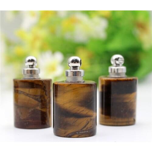 Natural aventurine tiger eye stone Perfume Bottle Necklace Pendant Essential Oil Diffuser Pendant Flat Cylinder Shape Jewelry