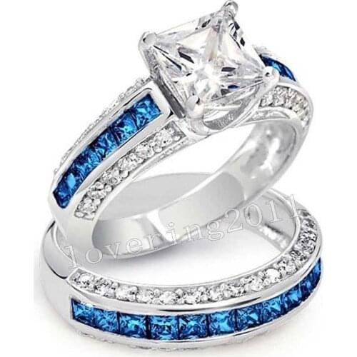 Luxury Jewelry Wholesale 10KT White Gold Filled Princess Cut Blue AAA CZ Zirdonia Simulated stones Wedding Womnen Couple Ring