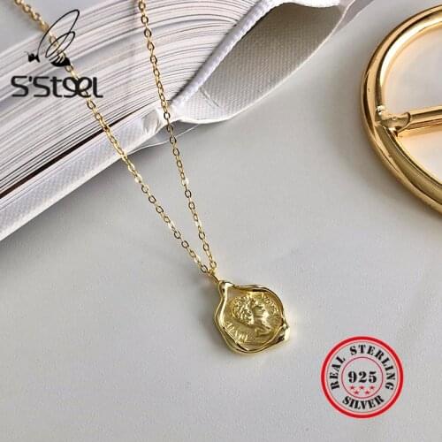 SSTEEL 925 Sterling Silver Necklace Women Vintage Irregular Coin Pendant Necklaces Gold Chain Joyas De Plata 925 Mujer Jewelry