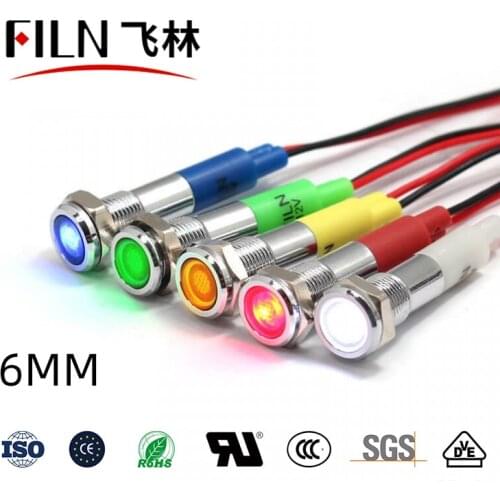FILN Metal flat head 6mm 12v 24v 220v 110v equipment pilot lights long-life led indicator light with wire