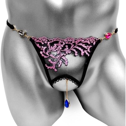 Open Crotch Panties With Pendant Temptation Sexy Transparent Mens Lingerie Lace Thong Rhinestone G-String Underwear