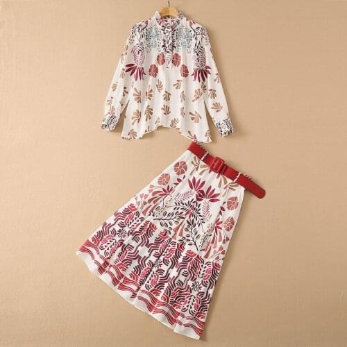 European and American womens wear for spring 2021 Long sleeved print staple shirt pleated skirt with a belt Fashion suits