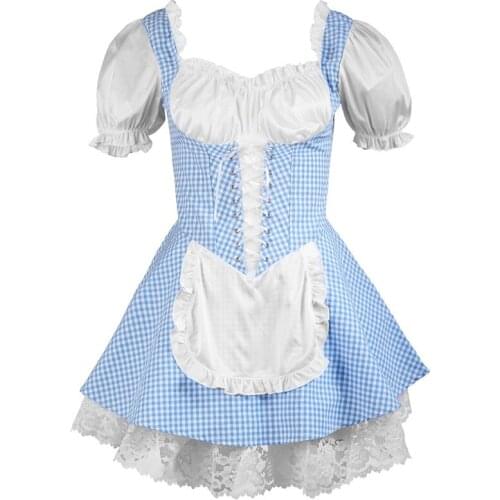 Japanese Sweet Lolita Vintage Sexy Puff Sleeve Plaid Lace Ruffles French Maid Dress Halloween Costume For Women Exotic Apparel