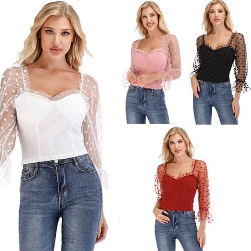Women Square Neck Lace See-Through Sleeve Blouse High Street Beach Vacation Polka Dot Elastic Top