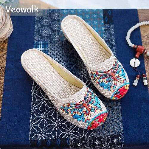 Veowalk Handmade Summer Sandals Womens Old Peking Slippers Butterfly Embroidery Soft Sole Casual Sandals Shoes Sandalias Mujer