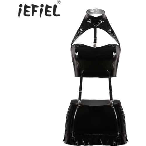 Womens Fashion Pole Dance Rave Festival Costume Punk Wet Look Leather Lingerie Halter Neck Crop Top with Garter Belt Mini Skirts