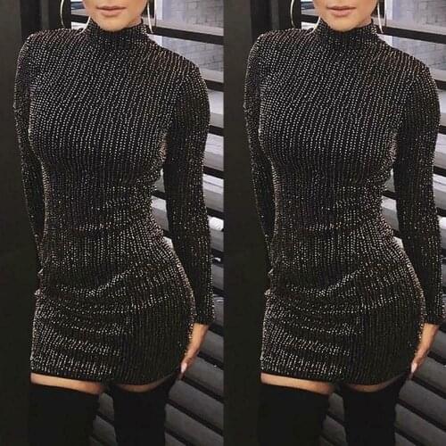 2020 Womens Sexy Diamond Plaid Long Sleeve Dress Bodycon Stand Collar Club Midi Dress S-XL