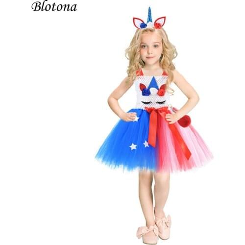 Blotona Fashion Kids Girls Independence Day Dress 3Pcs with Bowknot Waist 3D Cartoon Cool Sleeveless Festive Clothing 3-10Years