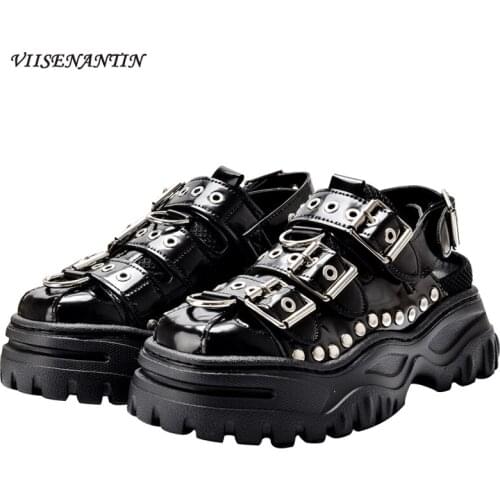 INS Tide Shoes Sandals Cool Rivet Muffin Platform Sandals Women Buckles Strap Hollow Out Sandalias Punk Style Street Shoe