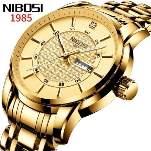 NIBOS Mens Watches Top Brand Luxury Full Steel Simple Gold Male Clock Waterproof Big Dial Fashion Watch Men Relogio Masculino