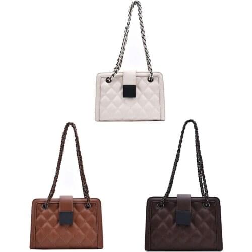 D0LF Women Imitation Leather Quilted Crossbody Bag with Chain Strap Diamond Lattice Pineapple Pattern Satchel Shoulder Messenger