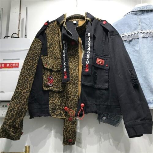 Personalized Leopard Denim Jacket Female Spring 2020 New Stand Collar Zipper Loose-Fit Leopard Lettering Jeans Jacket Ropa Mujer